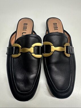 Bibi Lou Zagreb Slip On Mules Loafers Shoes Leather Horsebit Black Gold Size 8